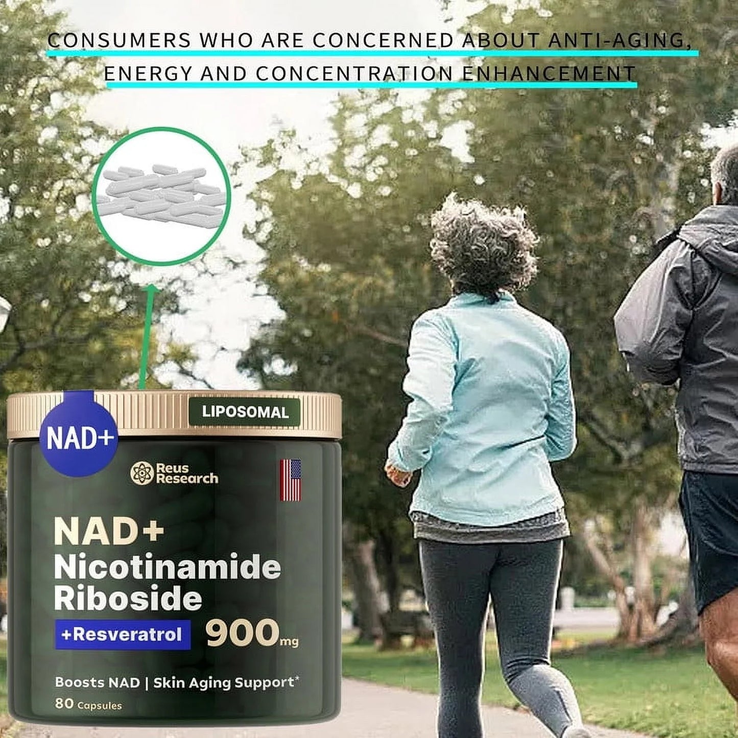 NAD+ Suplemento Antienvejecimiento, Energía y Enfoque - Reus Research (80caps)