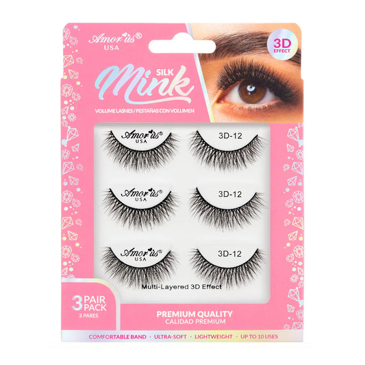 Pestañas de Banda Silk Mink 3D, Hasta 6 Usos - Estilo 12, 3 Pack - AmorUs ✦ Bajo pedido