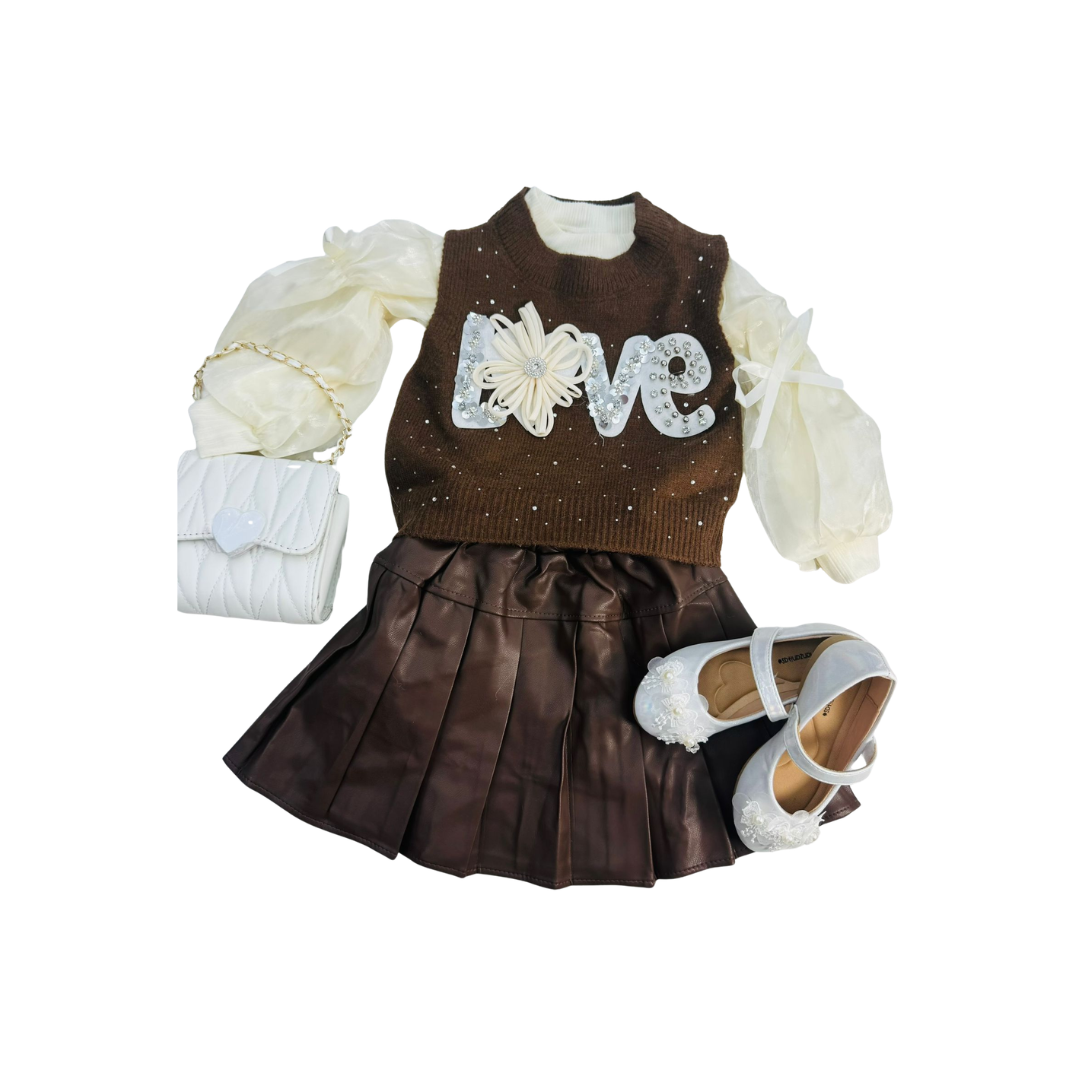 Set Elegante para Niña de 3 Piezas con Chaleco de Peluche y Falda Plisada | (3 colores) ✦ Bajo pedido