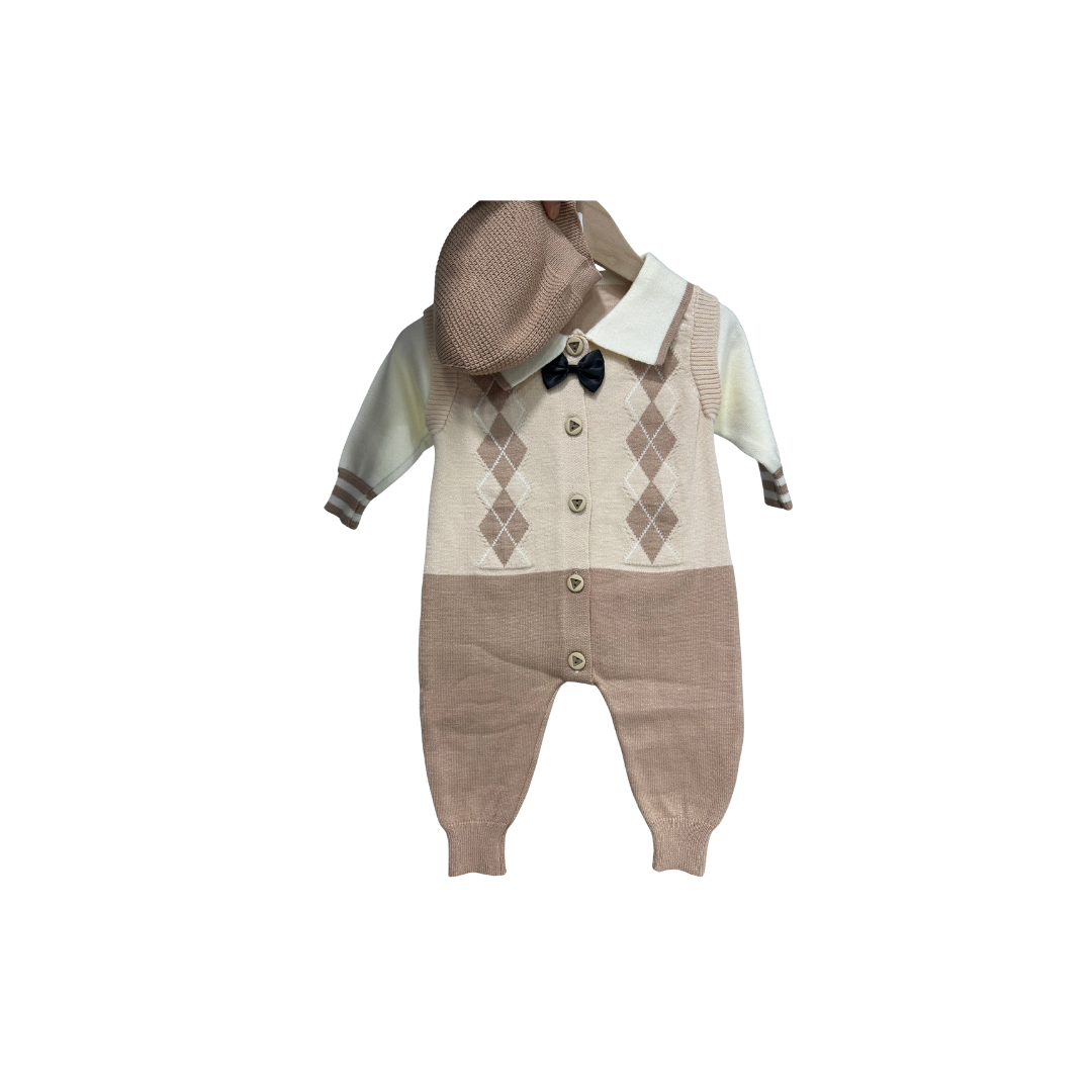 Enterizo Tejido con lazo para Bebé Niño con Gorro Desmontable | Mameluco de Punto (2 colores) ✦ Bajo pedido