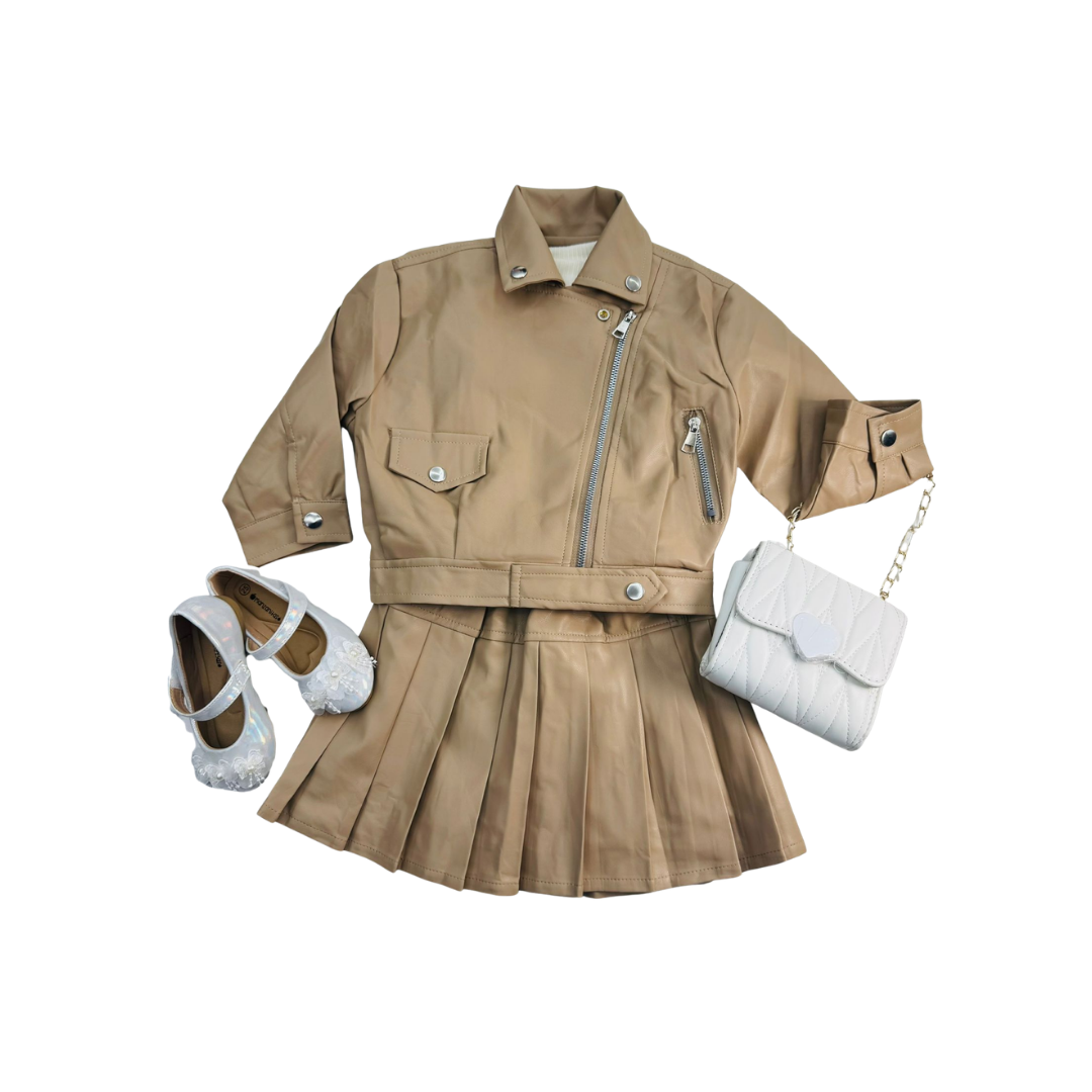 Set de 2 piezas - Elegante para Niña con Chaqueta y Falda Plisada Tipo Cuero | (3 colores) ✦ Bajo pedido