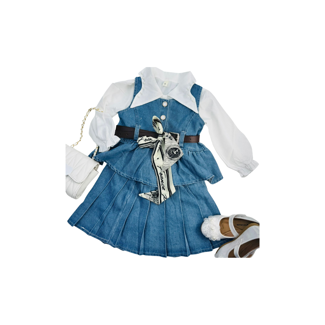 Set de 3 piezas - Mezclilla Elegante para Niña con Blusa y Falda Plisada | Outfit Infantil Moderno ✦ Bajo pedido