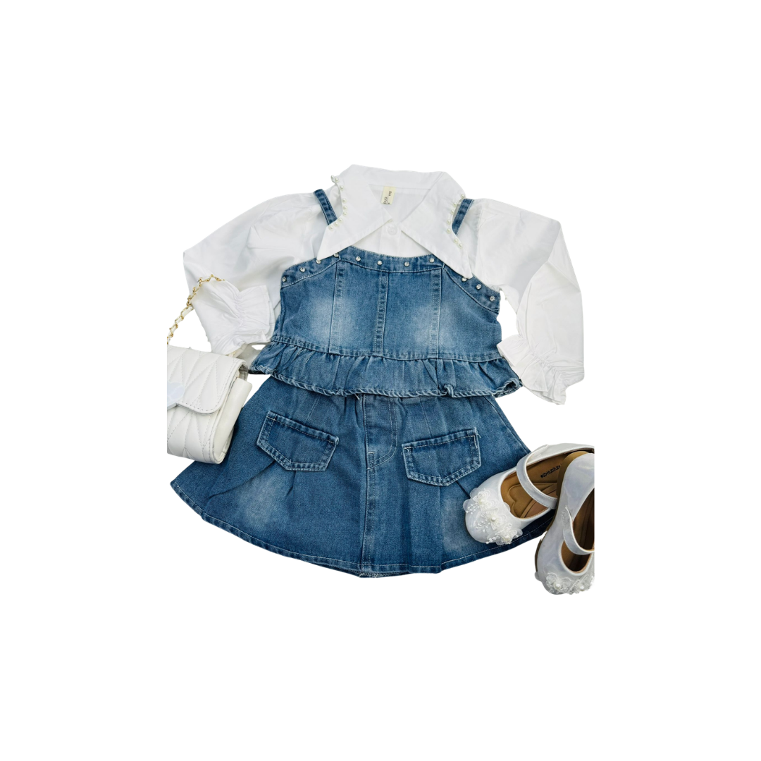 Set de 3 piezas - Mezclilla Elegante para Niña con Blusa y Falda | Outfit Infantil Moderno ✦ Bajo pedido