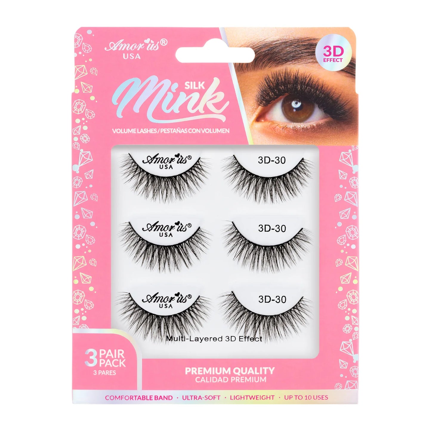 Pestañas de Banda Silk Mink 3D, Hasta 6 Usos - Estilo 30, 3 Pack - AmorUs ✦ Bajo pedido