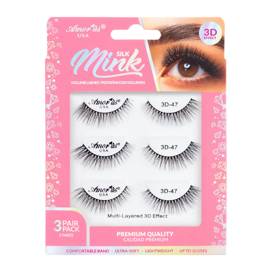 Pestañas de Banda Silk Mink 3D, Hasta 6 Usos - Estilo 47, 3 Pack - AmorUs ✦ Bajo pedido
