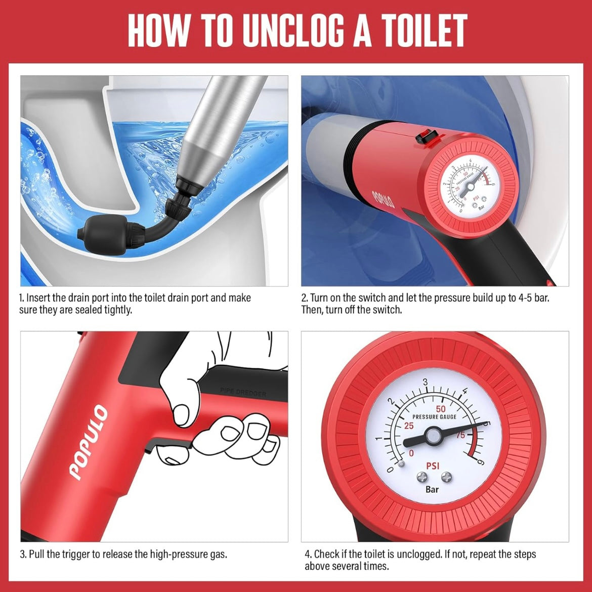 Desatorador Multiusos de Alta Presión POPULO para desataquear el baño, pisos, ducha, resistente, versátil, removedor de obstrucciones para el inodoro