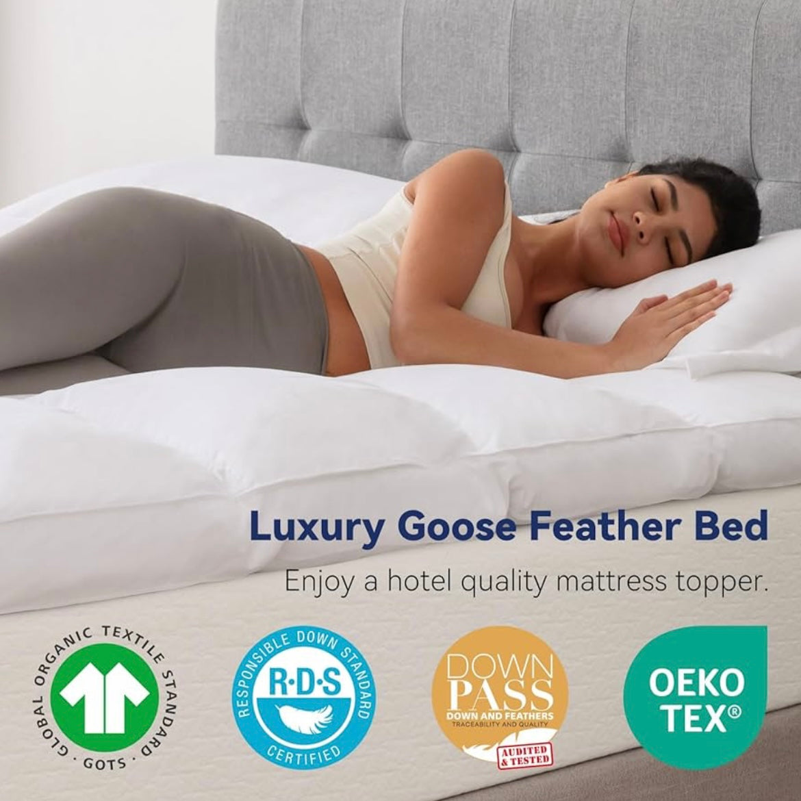 Topper de colchón de plumas de ganso blanco y algodón 100% orgánico - LeWinBedding (Blanco, King)