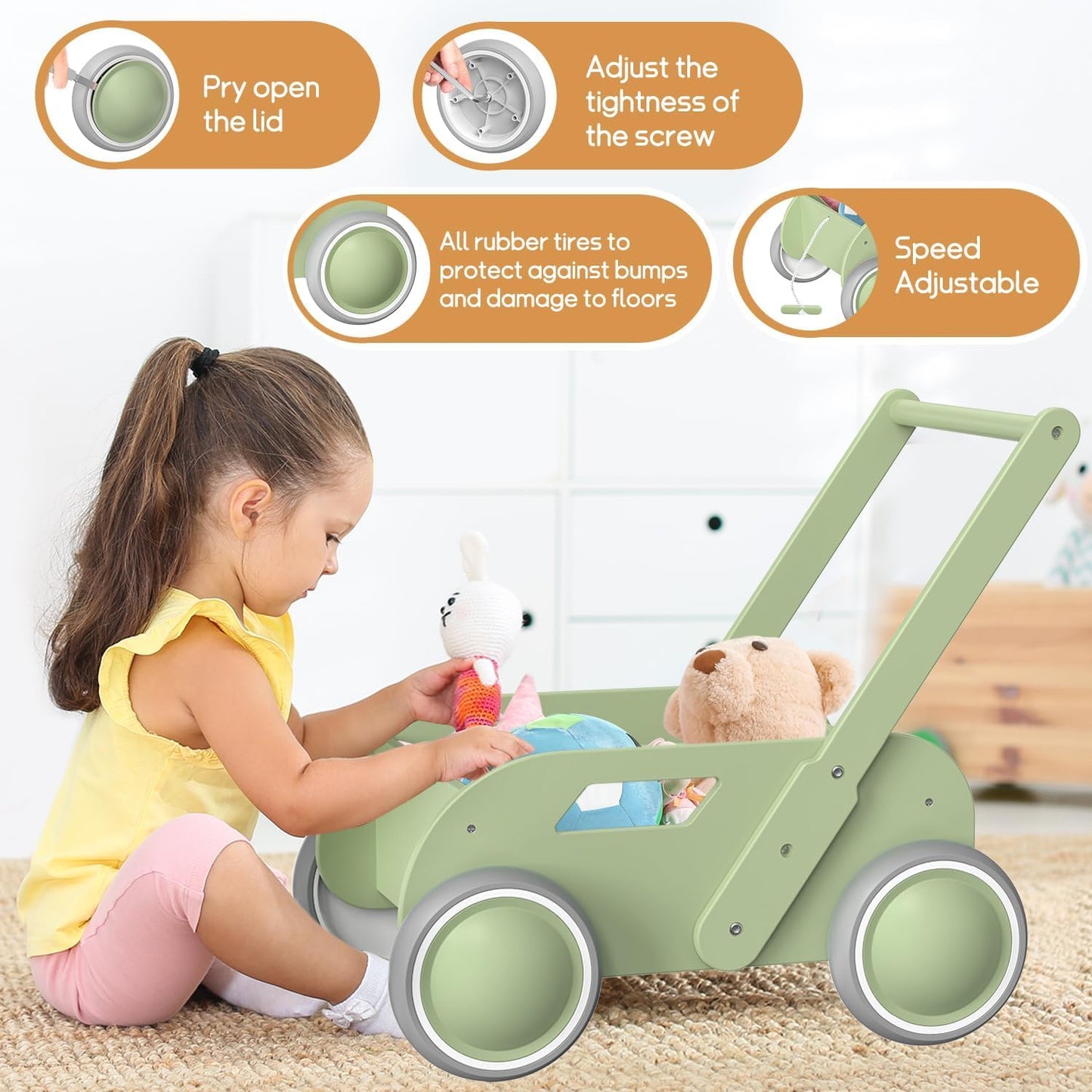 Carrito Caminador de Madera para Bebé *Color Celeste
