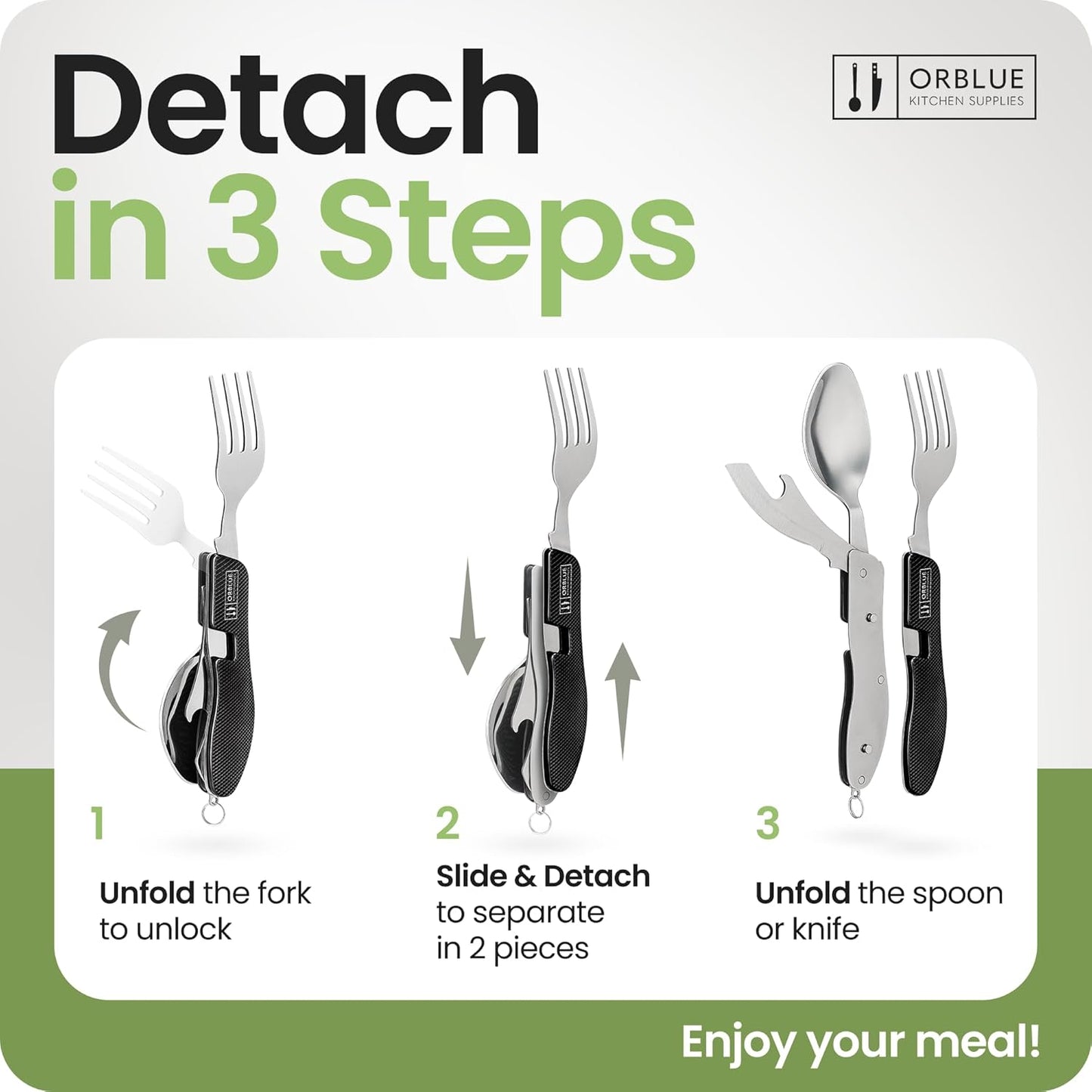 Set de 2 Orblue Utensilios de comida 4 en 1 Orblue - Cuchara portátil, tenedor, cuchillo y abridor de botellas - Cubiertos de acero inoxidable con tenedor desmontable