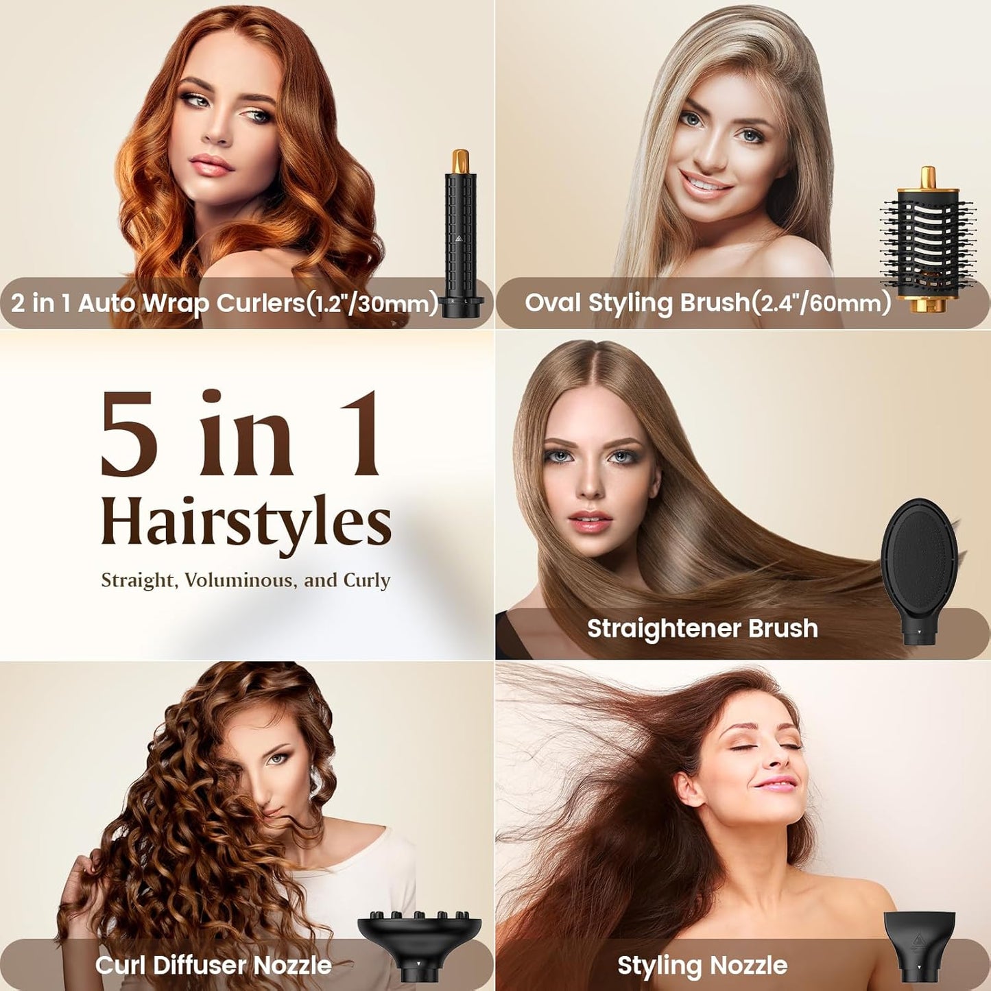 SUPGALIY 5 en 1 Air Styler, 110,000 RPM de alta velocidad potente cepillo secador de pelo y multiestilizador con rizador de envoltura automática, cepillo masajeador de cojín, cepillo ovalado, difusor