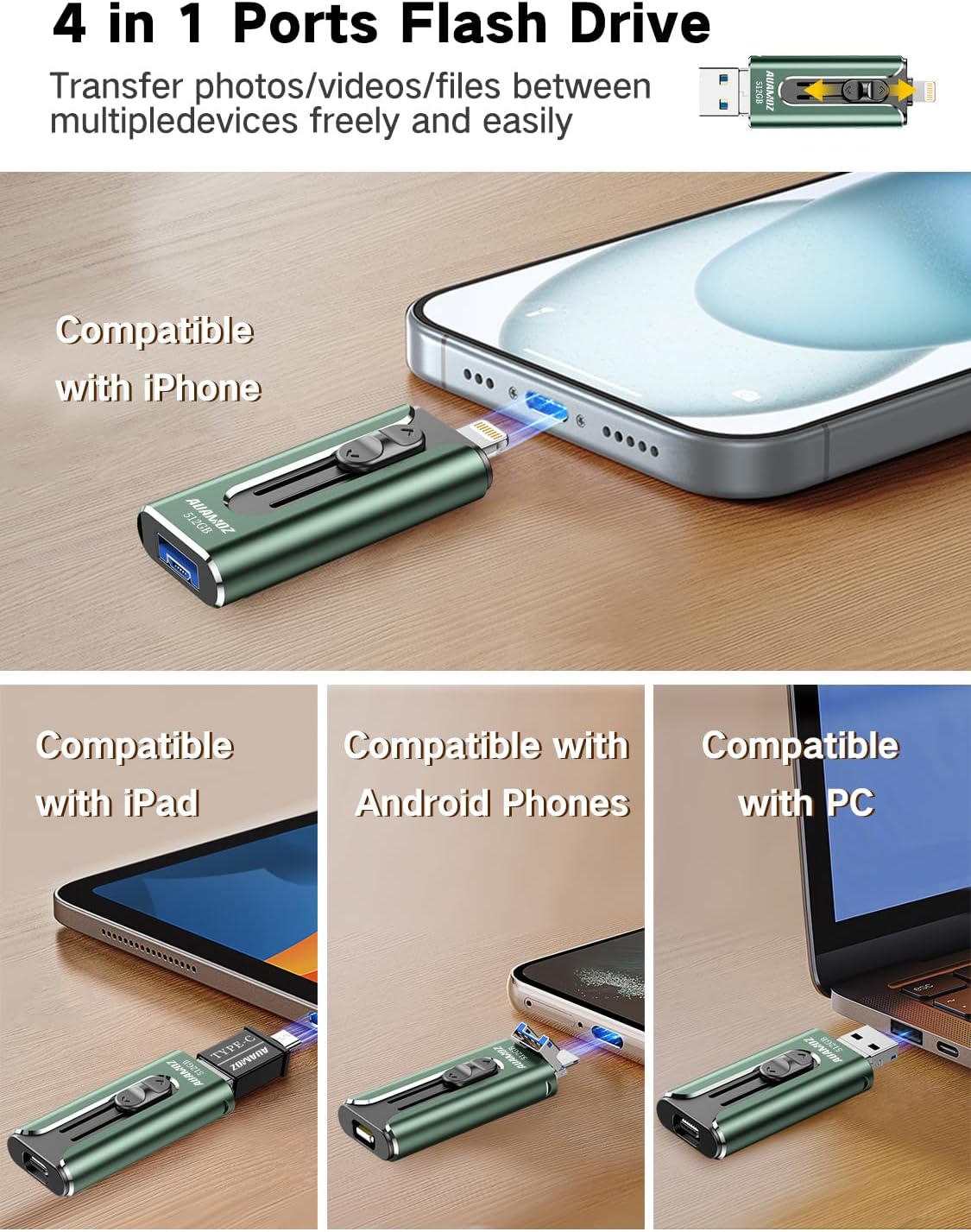 Llave Maya 1TB, para respaldo de fotos y videos, compatible con iPhone, Android, PC (Dorado)
