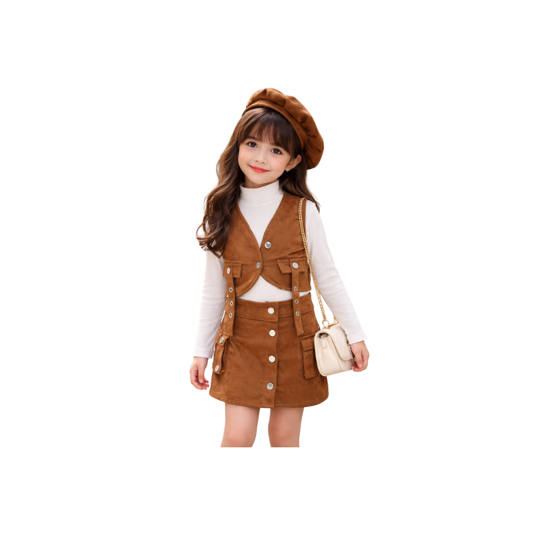 Set de 4 piezas - Conjunto Infantil Elegante para Niña | Set de 4 Piezas con Blusa, Chaleco, Enagua y Boina (2 colores) ✦ Bajo pedido