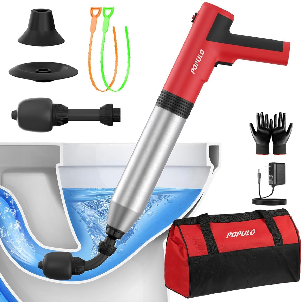 Desatorador Multiusos de Alta Presión POPULO para desataquear el baño, pisos, ducha, resistente, versátil, removedor de obstrucciones para el inodoro