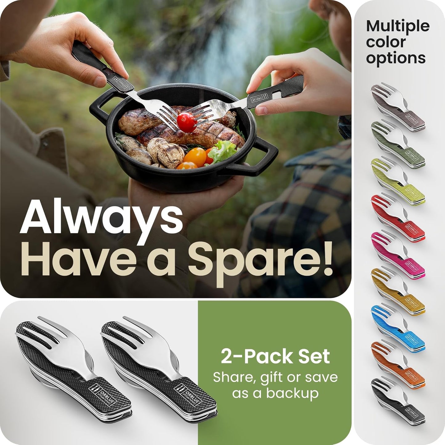 Set de 2 Orblue Utensilios de comida 4 en 1 Orblue - Cuchara portátil, tenedor, cuchillo y abridor de botellas - Cubiertos de acero inoxidable con tenedor desmontable