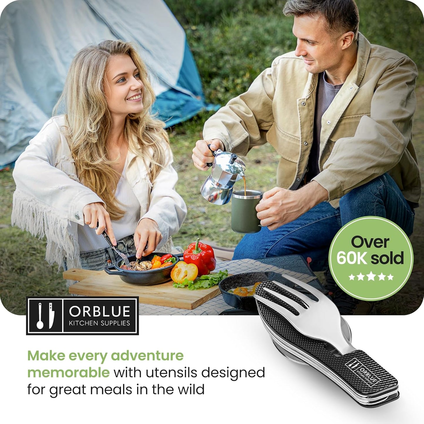 Set de 2 Orblue Utensilios de comida 4 en 1 Orblue - Cuchara portátil, tenedor, cuchillo y abridor de botellas - Cubiertos de acero inoxidable con tenedor desmontable