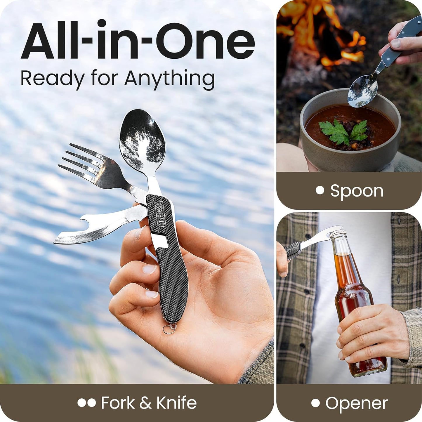 Set de 2 Orblue Utensilios de comida 4 en 1 Orblue - Cuchara portátil, tenedor, cuchillo y abridor de botellas - Cubiertos de acero inoxidable con tenedor desmontable