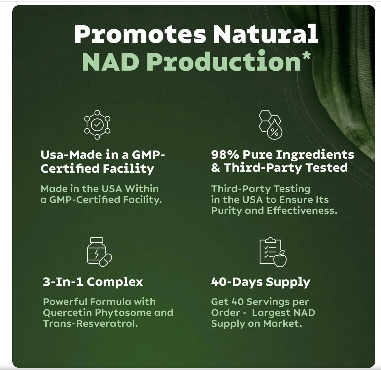 NAD+ Suplemento Antienvejecimiento, Energía y Enfoque - Reus Research (80caps)