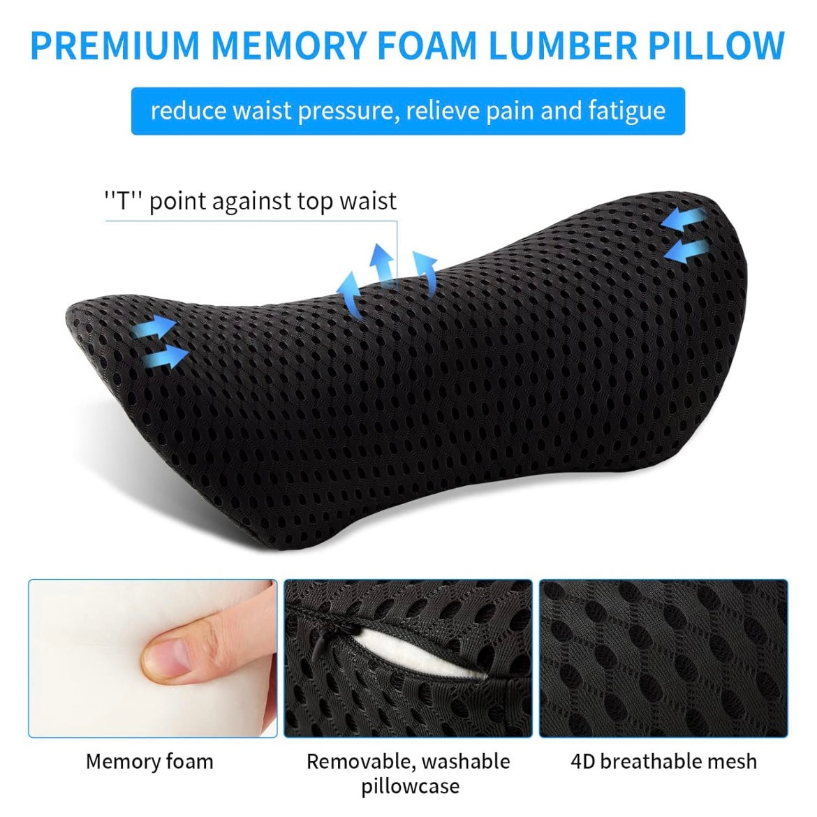 Almohada lumbar, almohada de apoyo lumbar para silla de oficina y asiento de automóvil, almohada de espuma viscoelástica para aliviar el dolor de espalda baja para descansar, conducir