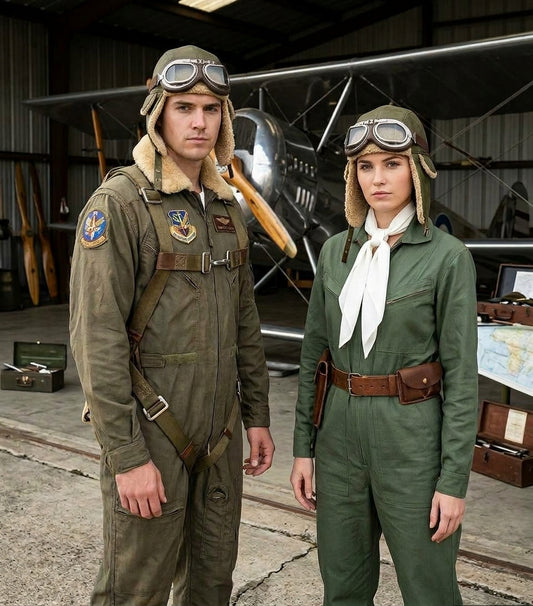 Sombrero de Piloto Retro Verde Musgo con Goggles Plateados