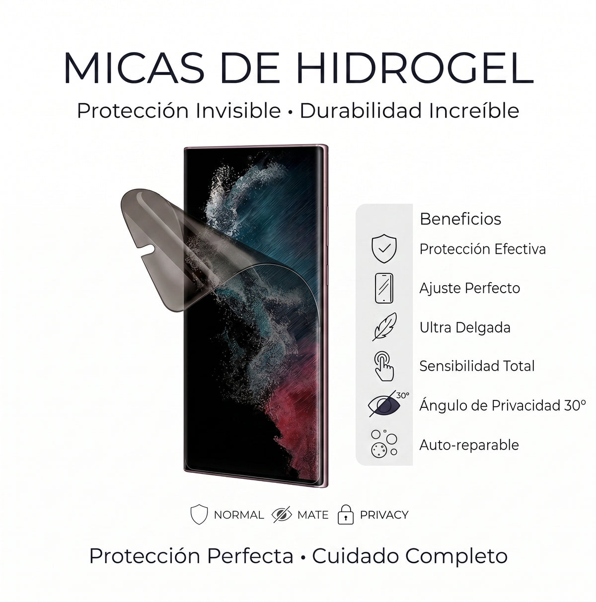 Temperado de Hidrogel Antiespía para iPhone, Samsung, Honor y Xiaomi ✦ Bajo pedido