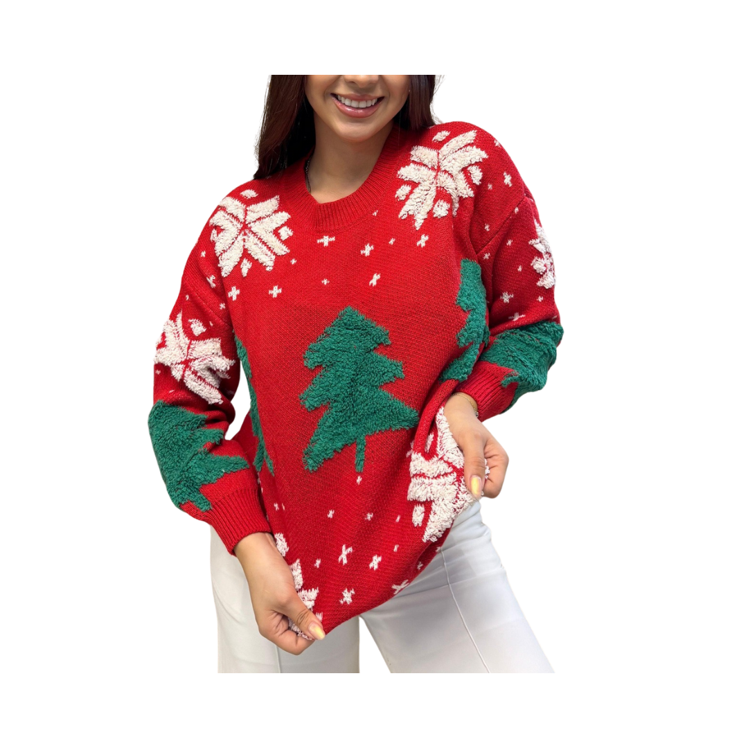 Abrigo Navideño, Ugly Sweater Adulto Dama - Copos y Árbol (M,L,XL) ✦ Bajo pedido