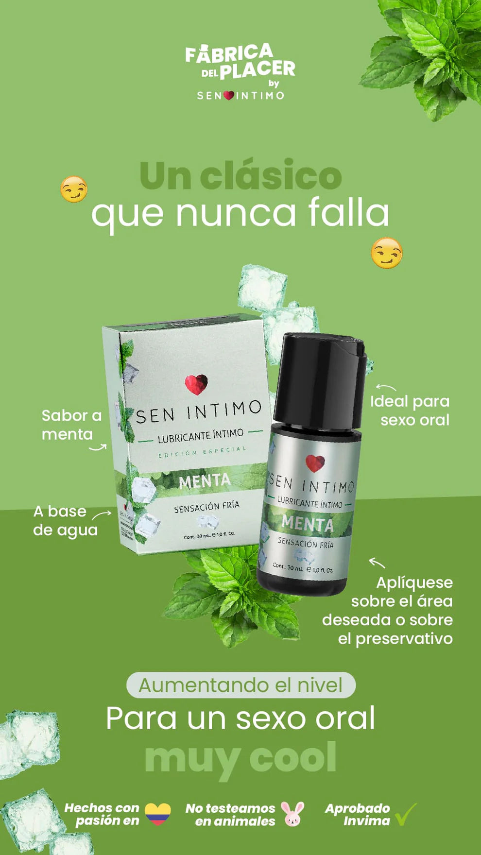 Lubricante Frío Saborizado, Menta - Sen Íntimo (30ml) ✦ Bajo pedido