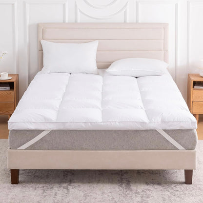 Topper de colchón de plumas de ganso blanco y algodón 100% orgánico - LeWinBedding  (Blanco, King)