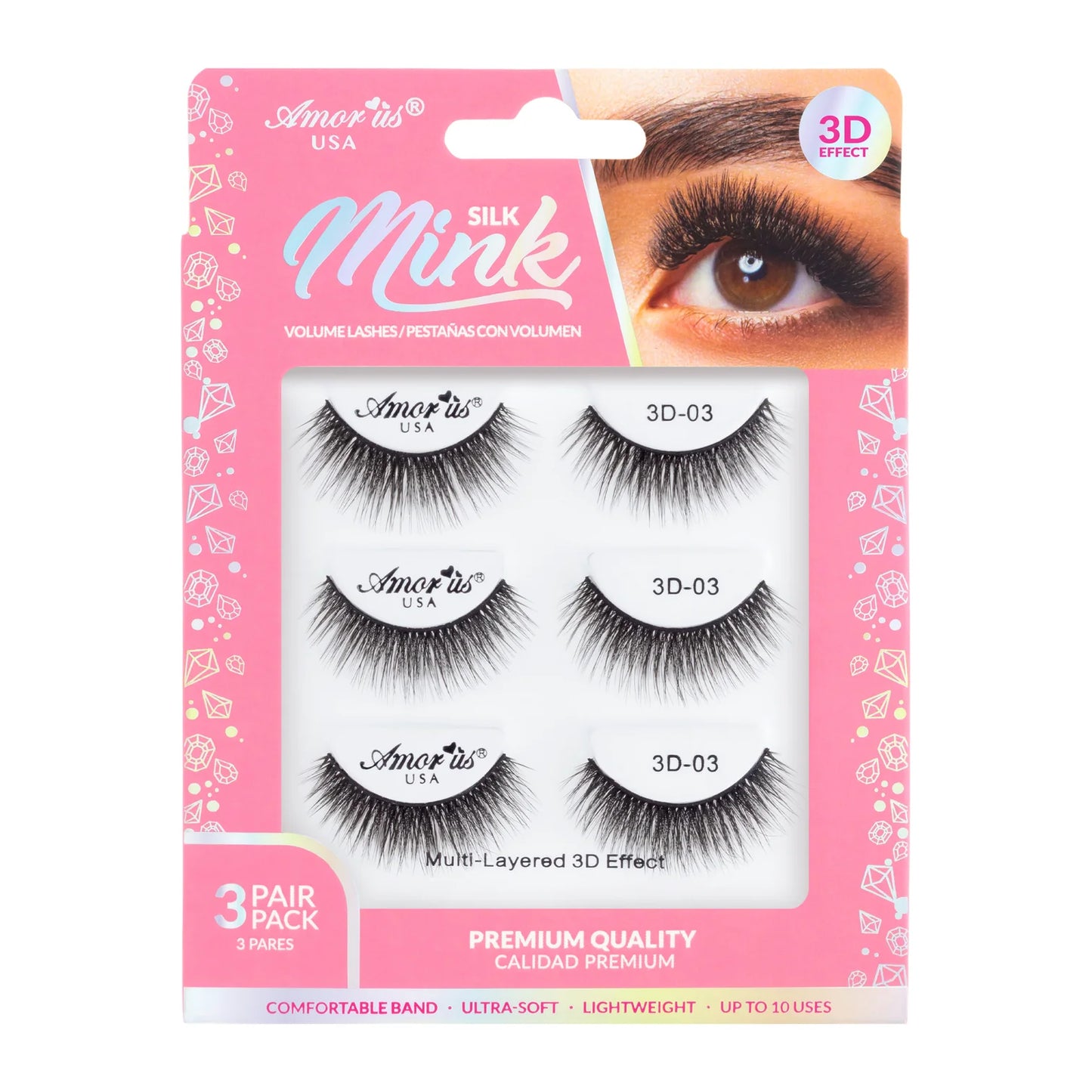 Pestañas de Banda Silk Mink 3D, Hasta 6 Usos - Estilo 03, 3 Pack - AmorUs ✦ Bajo pedido