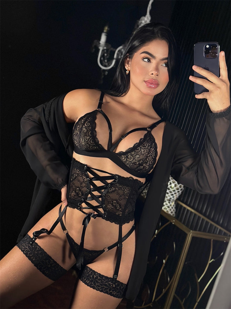 Set Lencería Levantadora 5PCZ - Negro, Rojo (Unitalla S/M) ✦ Bajo pedido