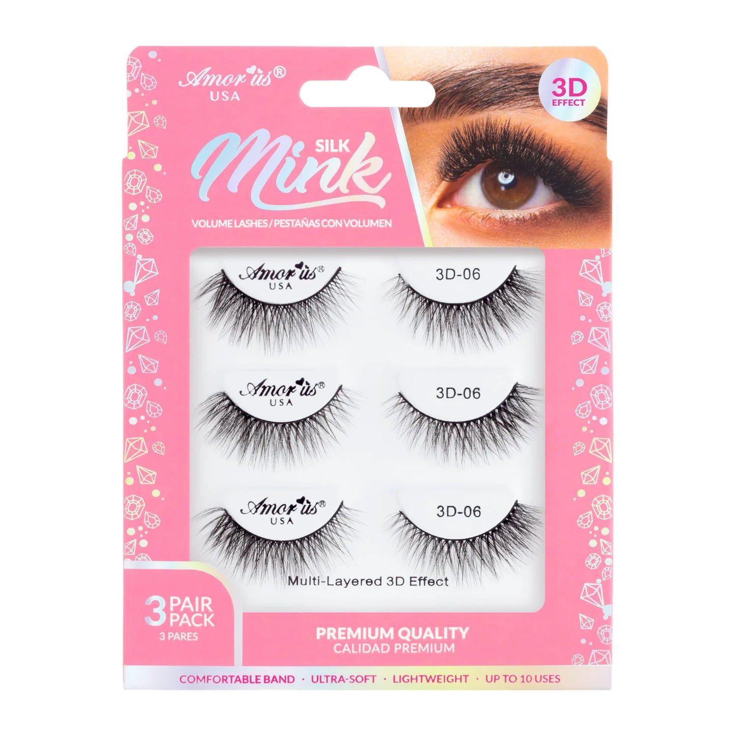 Pestañas de Banda Silk Mink 3D, Hasta 6 Usos - Estilo 06, 3 Pack - AmorUs ✦ Bajo pedido