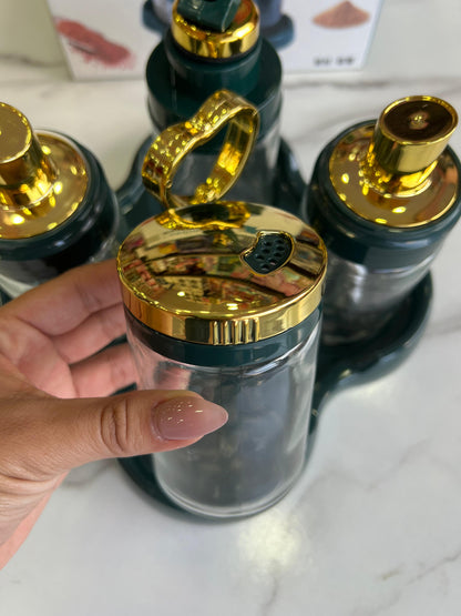 Set Especiero Condimenteel de Mesa, Dispensador de Aceite de Mesa (Verde Esmeralda, Dorado)