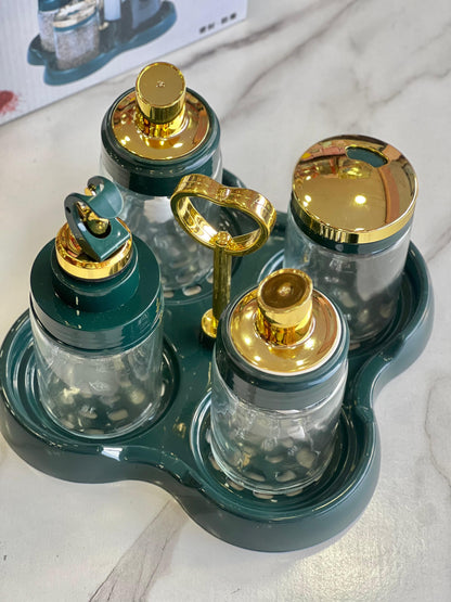 Set Especiero Condimenteel de Mesa, Dispensador de Aceite de Mesa (Verde Esmeralda, Dorado)