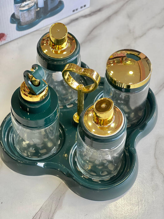Set Especiero Condimenteel de Mesa, Dispensador de Aceite de Mesa (Verde Esmeralda, Dorado)