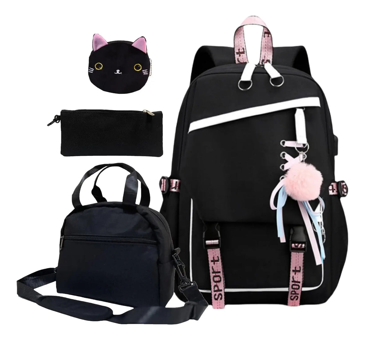 Set Escolar Estilo Kawaii 5PCZ - Mochila, Lonchera, Cartuchera, Monedero, Llavero y Parches