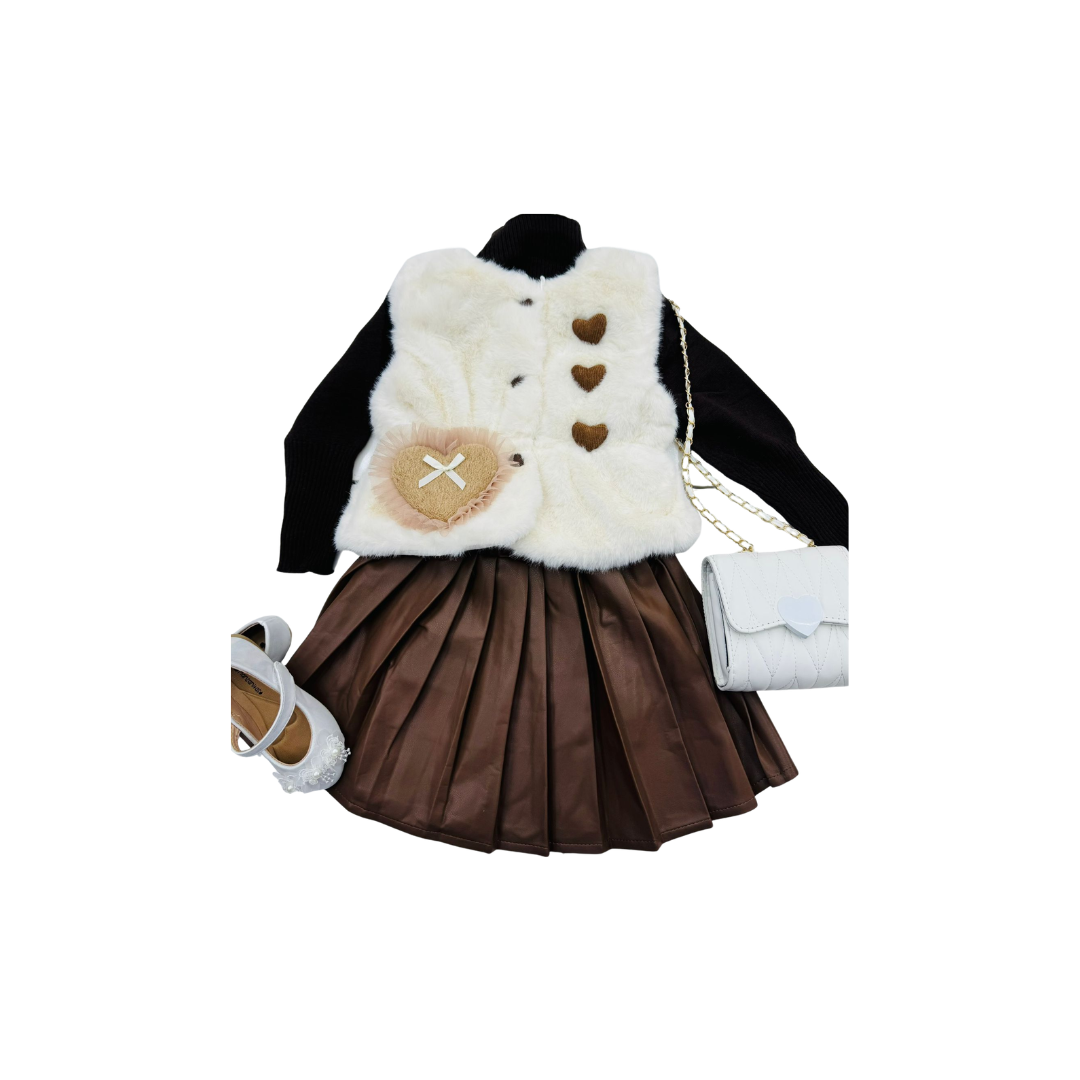 Set Elegante para Niña de 3 Piezas con Chaleco de Peluche y Falda Plisada | (2 colores) ✦ Bajo pedido