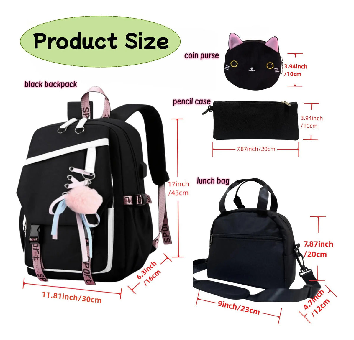 Set Escolar Estilo Kawaii 5PCZ - Mochila, Lonchera, Cartuchera, Monedero, Llavero y Parches