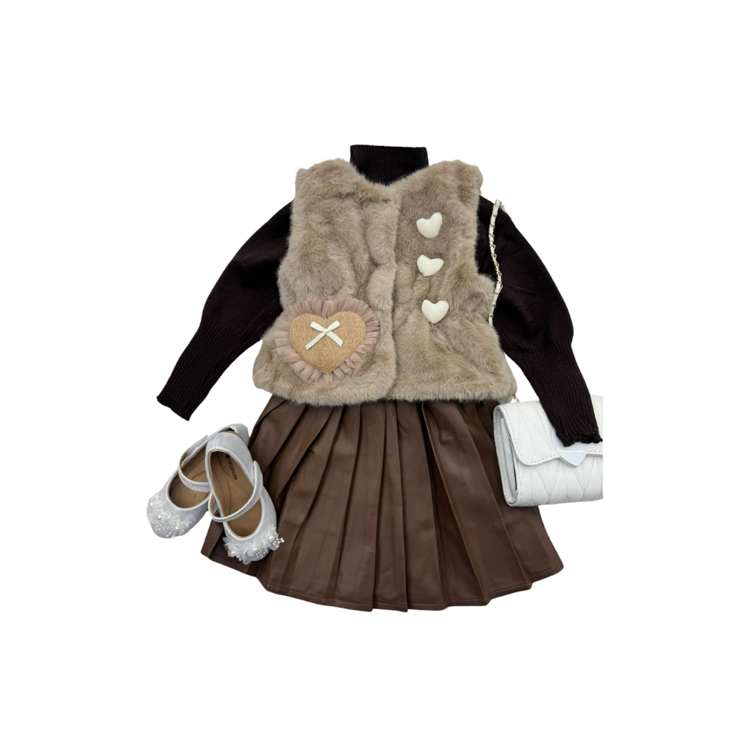 Set Elegante para Niña de 3 Piezas con Chaleco de Peluche y Falda Plisada | (2 colores) ✦ Bajo pedido