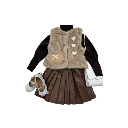 Set Elegante para Niña de 3 Piezas con Chaleco de Peluche y Falda Plisada | (2 colores) ✦ Bajo pedido