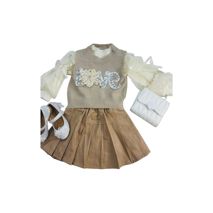 Set Elegante para Niña de 3 Piezas con Chaleco de Peluche y Falda Plisada | (3 colores) ✦ Bajo pedido
