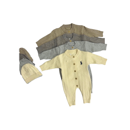 Enterizo Tejido con Estampado tipo Ralph Lauren para Bebé Niño con Gorro Desmontable | Mameluco de Punto (4 colores) ✦ Bajo pedido