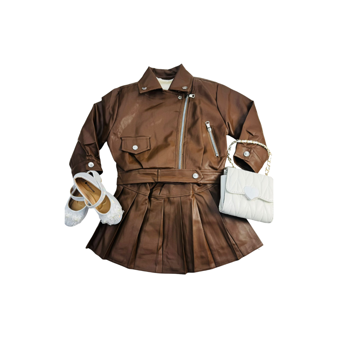 Set de 2 piezas - Elegante para Niña con Chaqueta y Falda Plisada Tipo Cuero | (3 colores) ✦ Bajo pedido