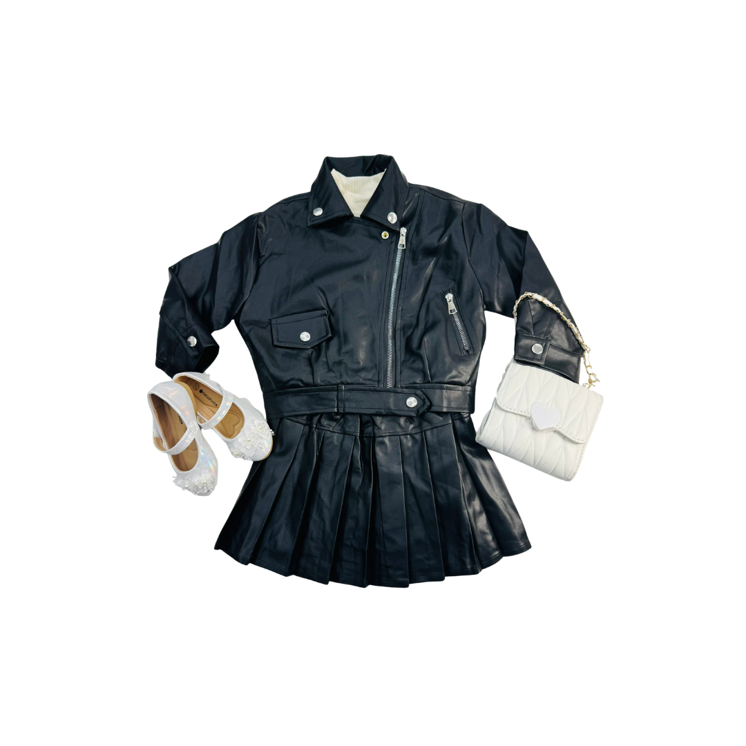 Set de 2 piezas - Elegante para Niña con Chaqueta y Falda Plisada Tipo Cuero | (3 colores) ✦ Bajo pedido