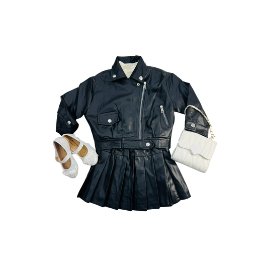 Set de 2 piezas - Elegante para Niña con Chaqueta y Falda Plisada Tipo Cuero | (3 colores) ✦ Bajo pedido