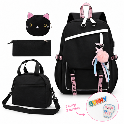 Set Escolar Estilo Kawaii 5PCZ - Mochila, Lonchera, Cartuchera, Monedero, Llavero y Parches