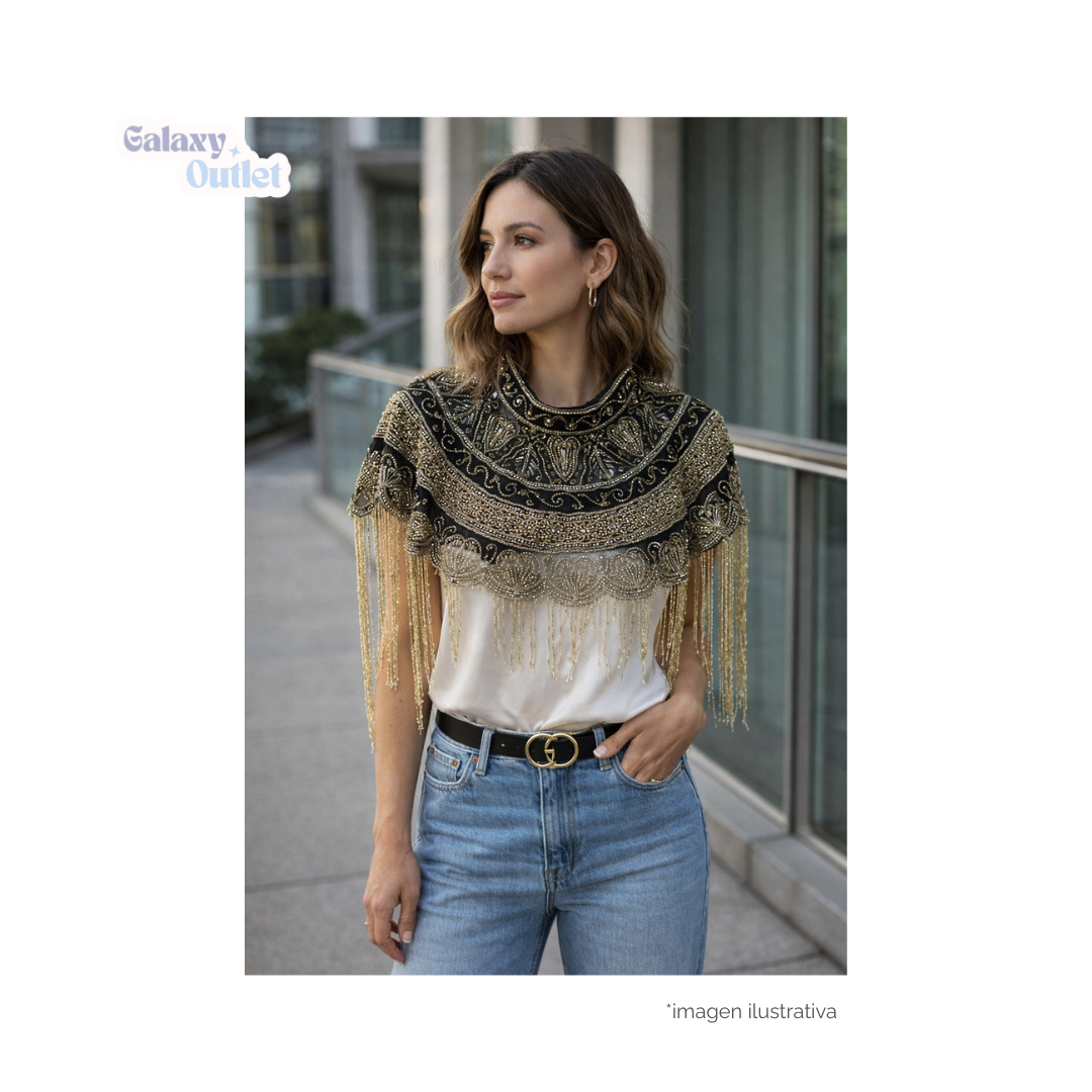 Accesorio Top Artesanal con Abalorios y Flecos – Prenda Statement Importada, Estilo Bohemio Elegante (Unitalla)