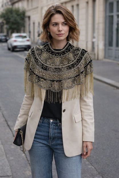 Accesorio Top Artesanal con Abalorios y Flecos – Prenda Statement Importada, Estilo Bohemio Elegante (Unitalla)