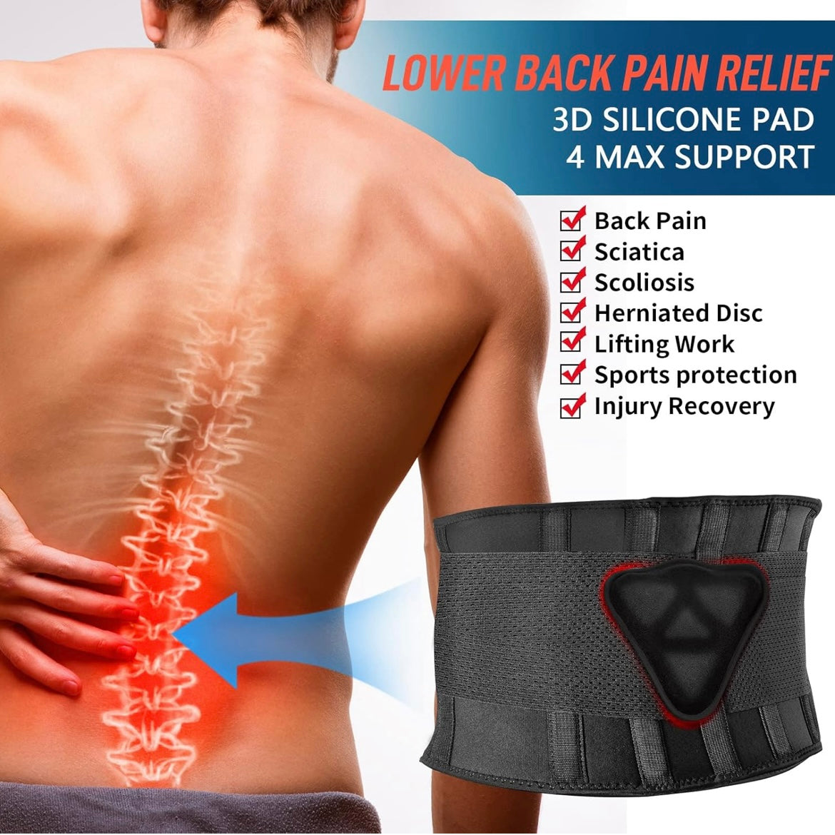 Faja de Soporte de espalda, alivio del dolor de espalda baja, cinturón de cintura con almohadilla ergonómica de silicona 3D para trabajo de levantamiento pesado, hernia de disco, ciática - FEATOL