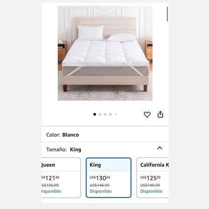 Topper de colchón de plumas de ganso blanco y algodón 100% orgánico - LeWinBedding  (Blanco, King)
