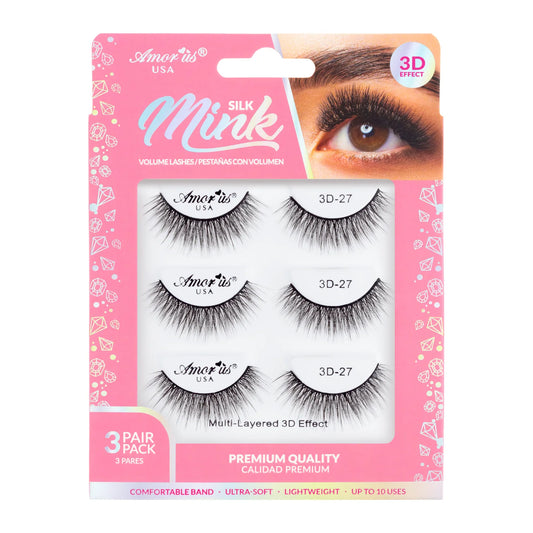 Pestañas de Banda Silk Mink 3D, Hasta 6 Usos - Estilo 27, 3 Pack - AmorUs ✦ Bajo pedido