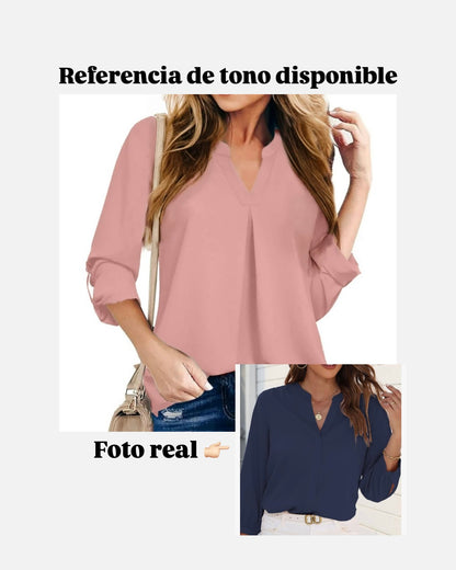 Blusa casual mangas 3/4 con cuello en V (Palo Rosa) - Talla M